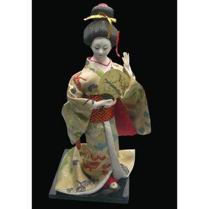 Vintage Japanese Geisha Doll On Stand With Kimono & Fan T01 M